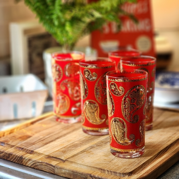 Set/5 mid-century modern Culver barware highball glasses in red & gold paisley - Picture 6 of 8